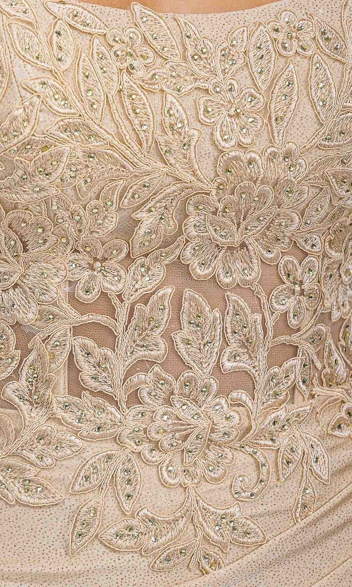 Close-up of intricate floral embroidery and beadwork on champagne lace fabric, ideal for the Eureka EK129 long prom dress—a sleeveless, lace-up back gown perfect for elegant events.